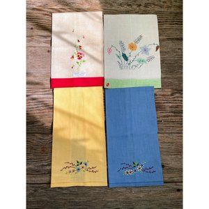 Vintage 1940s lot of 4 Linen Embroidery Applique Tea Towels Floral Cottage Farmh
